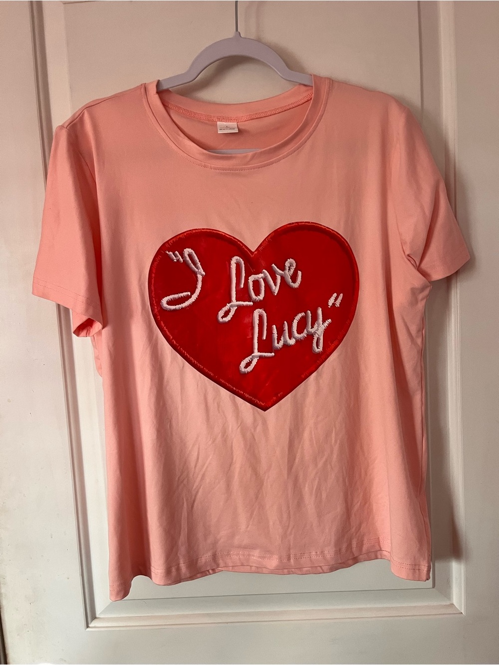 Pink Tee with Red Heart 'I Love Lucy' Graphic
